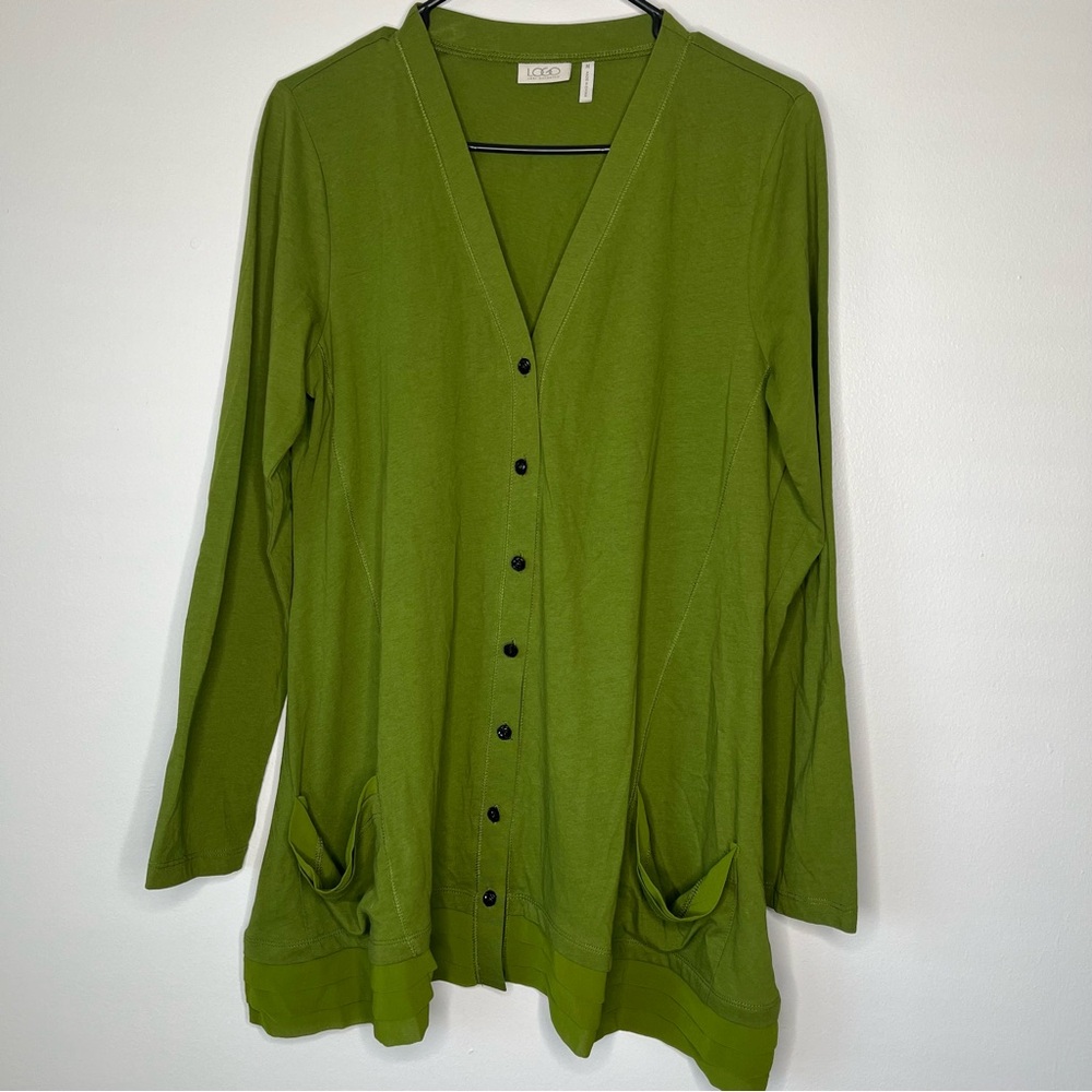 LOGO Lori Goldstein Green Button Front V Neck Tunic with Pockets and Tucks SZ M